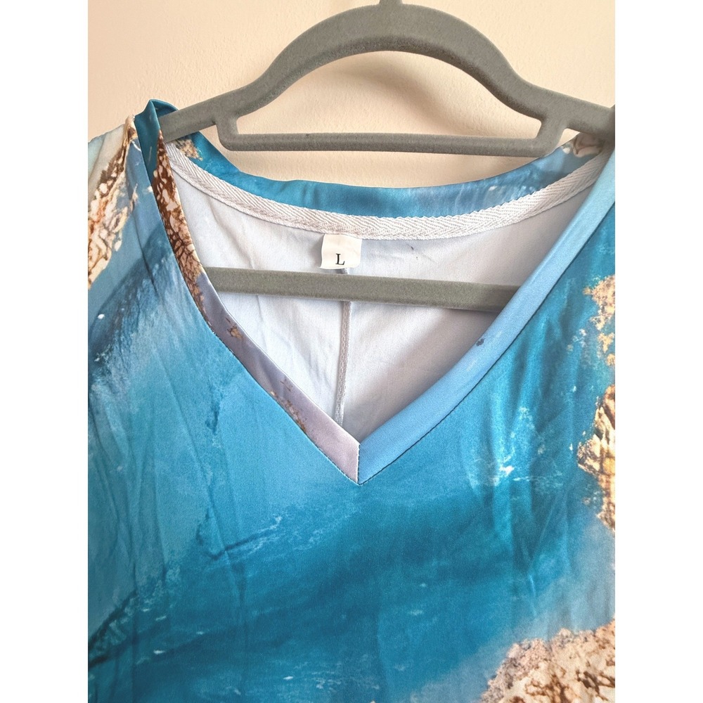 Blue Gold Abstract Marble Print Sleeveless V-Neck Maxi Dress Womens Large - Picture 2 of 5